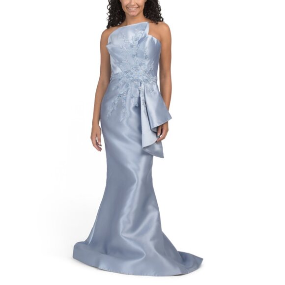 TERANI Slate Strapless Embroidered Floral Applique Mikado Gown - Picture 1 of 2